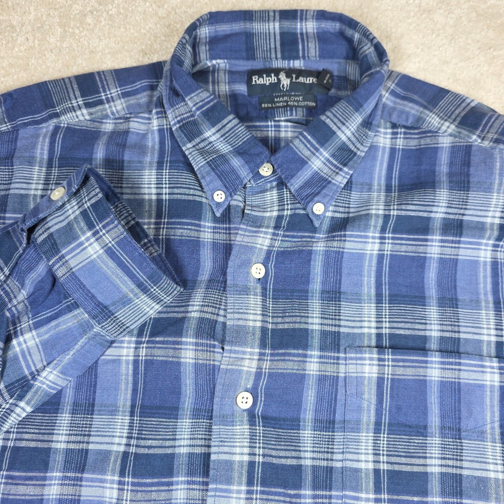 Ralph Lauren Shirt Mens XL Blue Plaid Marlowe Linen Blend‎ Button Down Outdoor